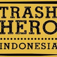Bold distressed black lettering reading 'TRASH HERO' above a dotted line with 'INDONESIA' on a yellow background.