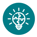 White line icon of a lightbulb containing a human head silhouette with a puzzle-piece brain on a teal circular background.