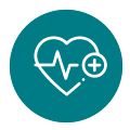 Teal circular icon showing a white heart with an ECG pulse line and a small plus sign at the upper right.