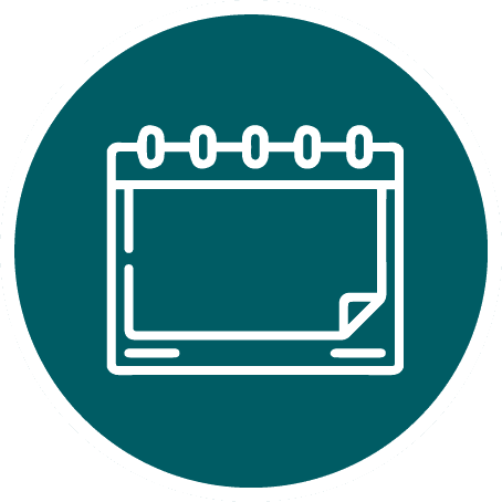 Spiral-bound notepad icon with bottom-right page curl centered on a teal circular background.