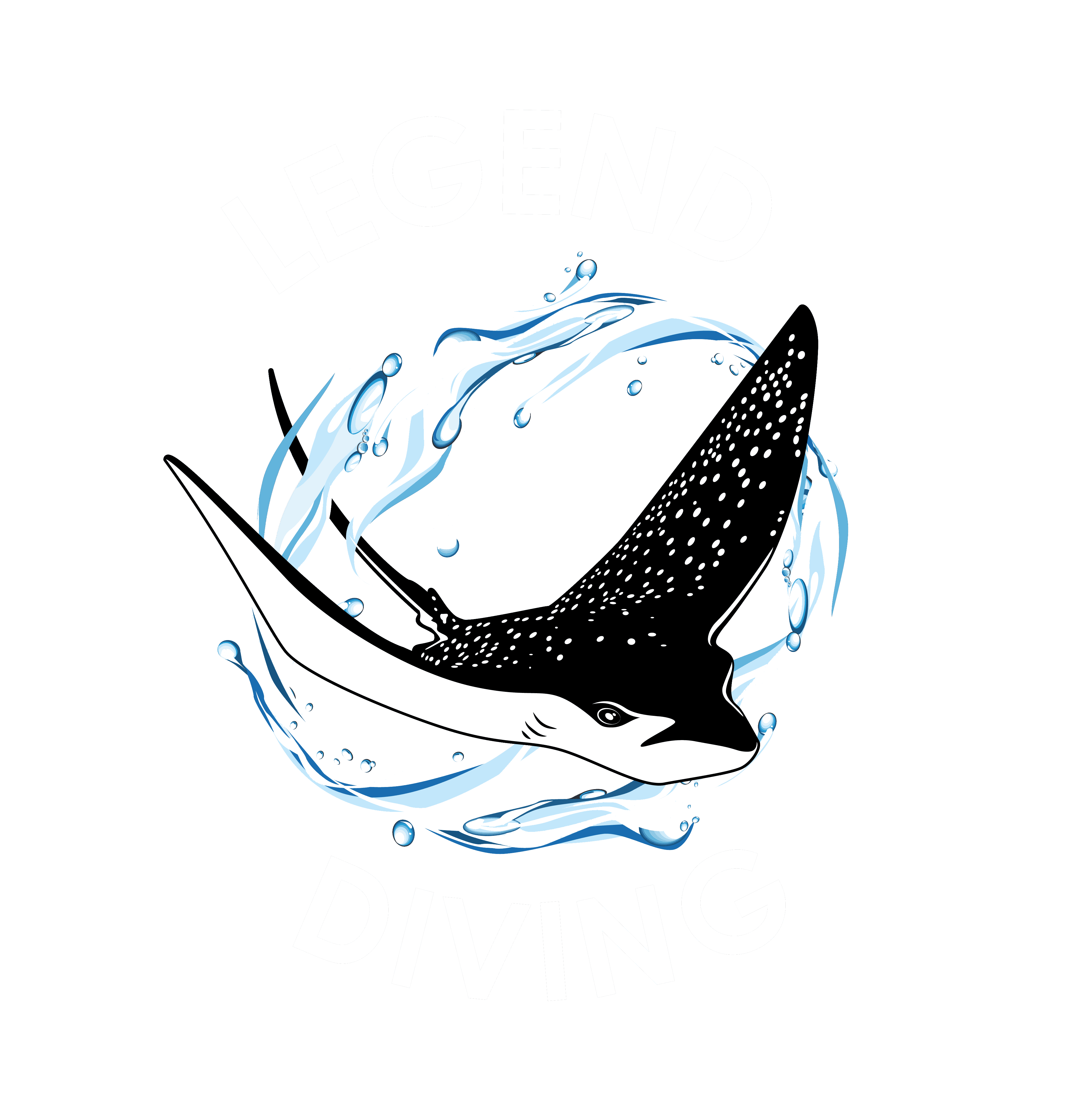 Spotted ray with white belly and speckled dark back swimming through blue water swirls, framed by bold white text LEGEND above and DIVING below.