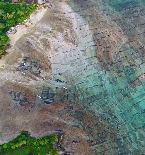 Aerial view of Nusa Penida low tide shoreline with small boats on exposed reef and rectangular seaweed farming plots