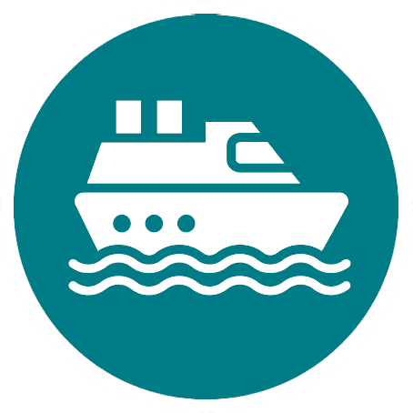 White ferry silhouette with cabin and three portholes above wavy lines on a teal circular background.