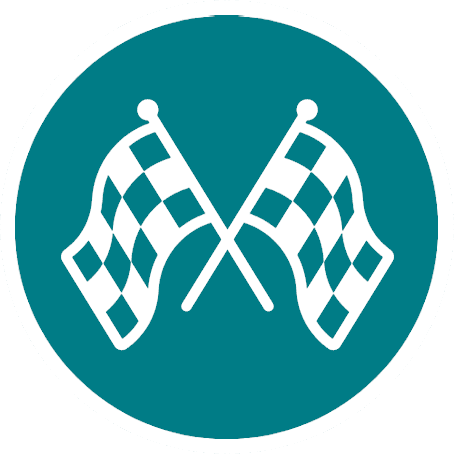 Two crossed black-and-white checkered racing flags centered inside a teal circular badge with a white border.