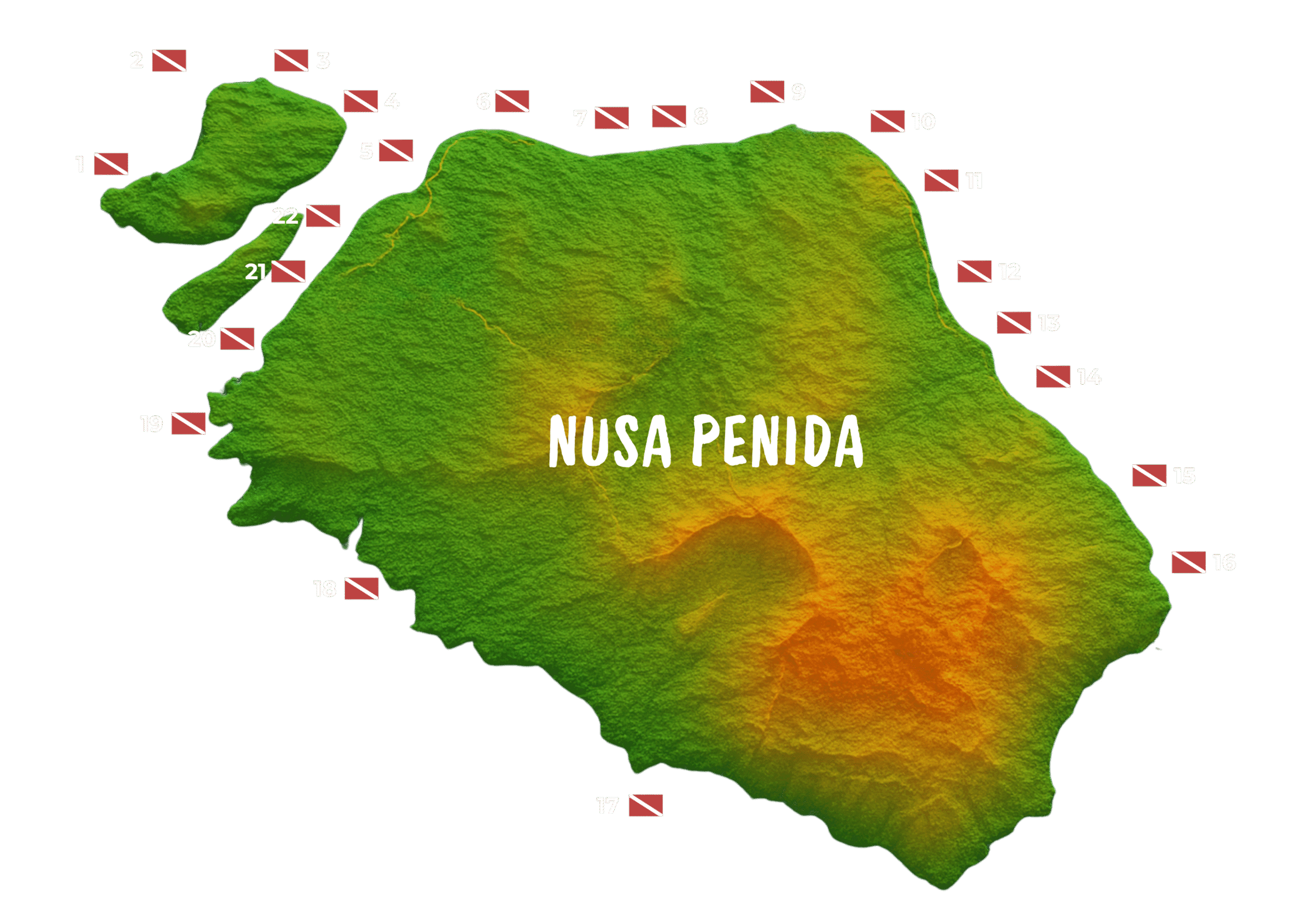 Nusa Penida topographic map, green-to-orange relief with central NUSA PENIDA label and 22 numbered dive flags on the coastline.