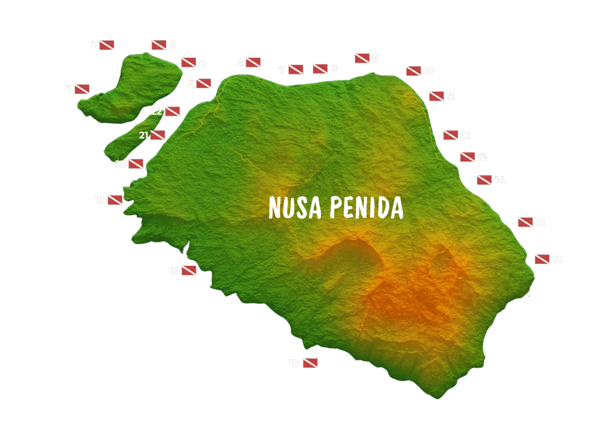 Topographic map of Nusa Penida island with color elevation shading and numbered scuba flags around the coastline.