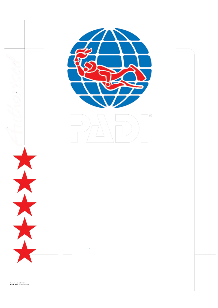PADI 5 Star Dive Center logo showing a blue globe with a red scuba diver silhouette, white "PADI" text and "5 STAR DIVE CENTER" with five red stars vertically and "Authorized" script.