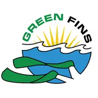 Circular logo with a yellow sun rising over blue waves, green fins in front, and the text "GREEN FINS".