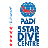 PADI 5 Star Dive Centre logo showing a globe with a red diver, PADI text, stacked "5 STAR DIVE CENTRE" and a vertical "Authorized" with five red stars