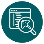 Teal circular icon of a code window with a magnifying glass highlighting a bug silhouette, representing debugging.
