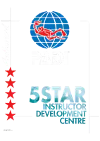PADI globe logo with red scuba diver silhouette above bold "PADI" text and "5 STAR INSTRUCTOR DEVELOPMENT CENTRE" text, vertical row of five red stars and "Authorised" script at left