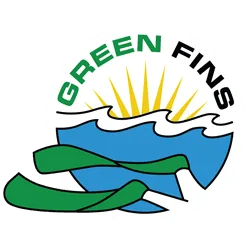 Circular logo with a yellow sun rising over blue waves, green fins in front, and the text "GREEN FINS".