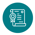 10 Rolled certificate with ribbon seal and horizontal text lines centered in a teal circular icon.