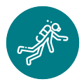 11 White line icon of a rescue swimmer carrying another person inside a teal circular badge.