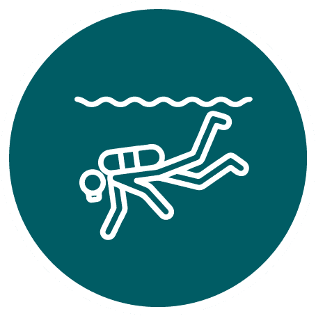 c White line icon of a scuba diver with tank and mask beneath a wavy waterline on a teal circle