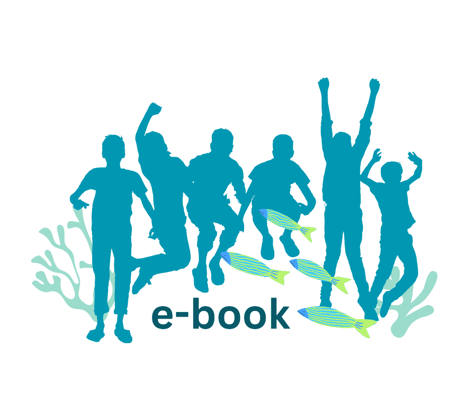 Six teal child silhouettes jumping above colorful striped fish and seaweed with the word e-book below.