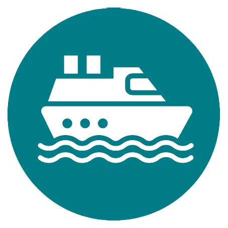White ferry silhouette with cabin and three portholes above wavy lines on a teal circular background.