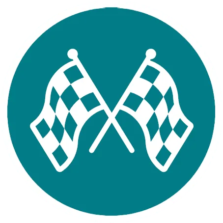 Two crossed black-and-white checkered racing flags centered inside a teal circular badge with a white border.