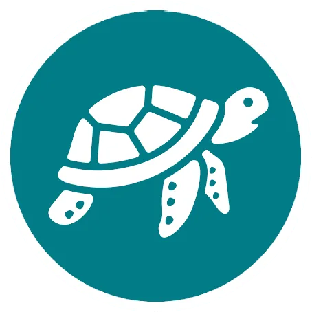 White stylized sea turtle with segmented shell and spotted flippers on teal circular background with white rim.