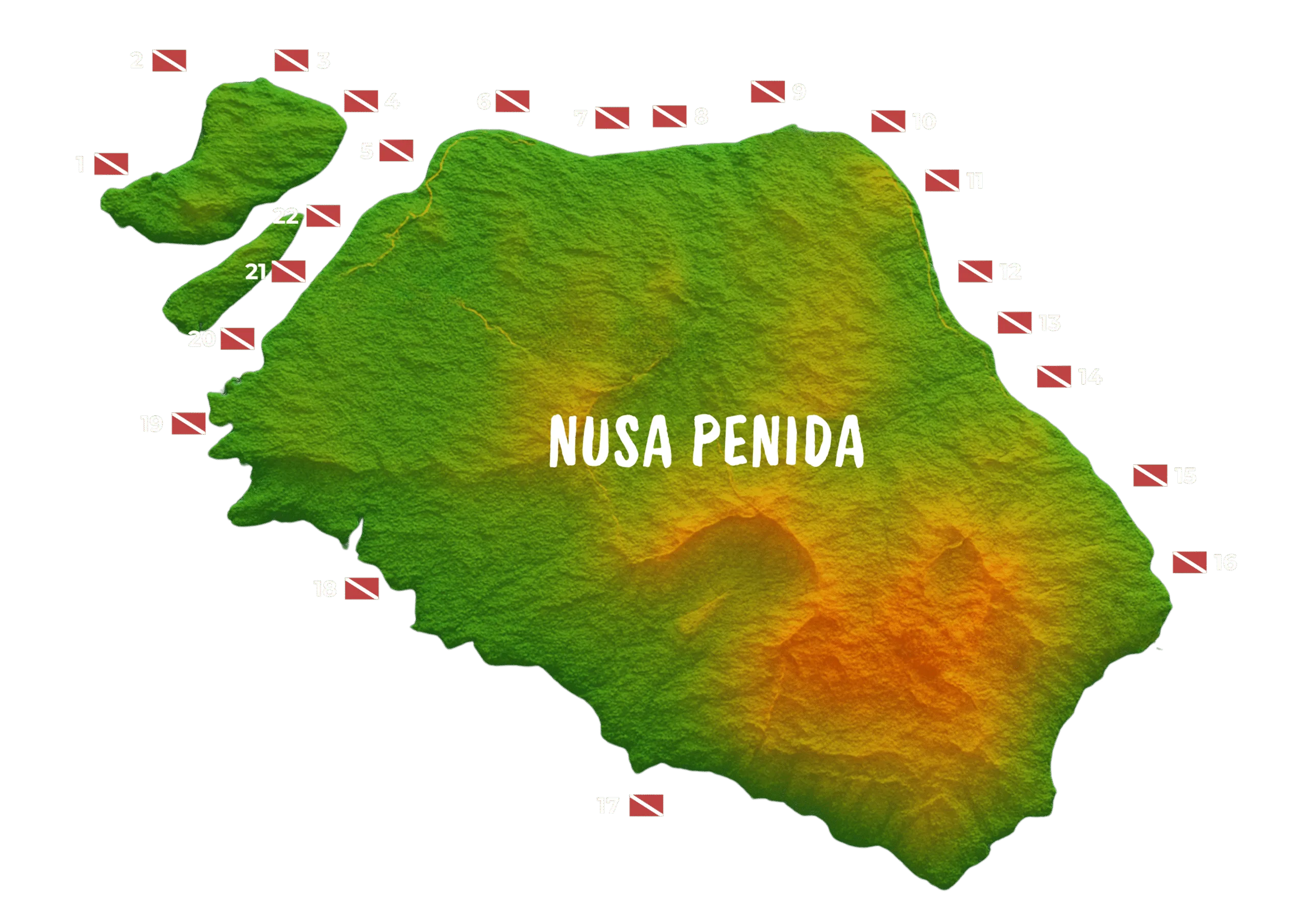 Nusa Penida Map Desktop and Tab Nusa Penida topographic map, green-to-orange relief with central NUSA PENIDA label and 22 numbered dive flags on the coastline.