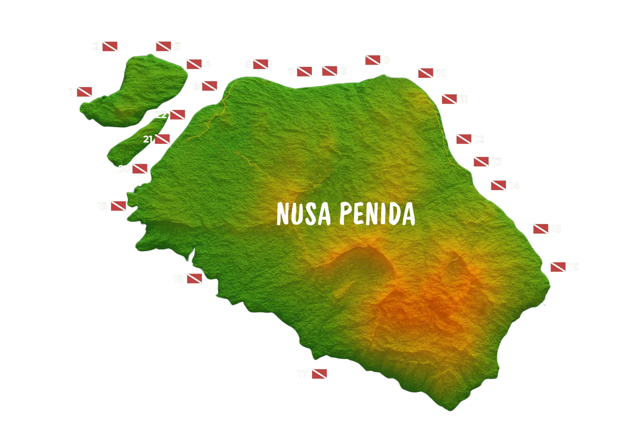 Nusa Penida Map New Topographic map of Nusa Penida island with color elevation shading and numbered scuba flags around the coastline.