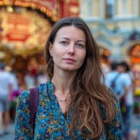 Young woman with long brown hair wearing a blue patterned blouse standing in front of blurred carousel lights