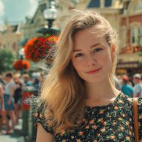 Young woman with long blonde hair in a floral dress smiling in a crowded street with hanging flower baskets and old buildings.