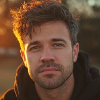 Young man with tousled brown hair and light stubble looking at camera, warm sunset backlight.
