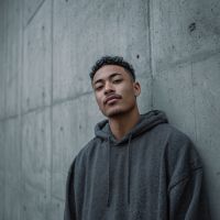 Young man with short curly hair wearing a dark gray hoodie, leaning against a concrete wall and looking at the camera