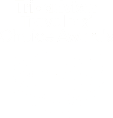 Tripadvisor Travelers' Choice Awards 2025 logo with owl emblem and laurel wreath, white on dark background; text mentions Nusa Penida promotion.