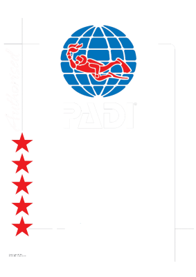 PADI 5 Star Dive Center logo showing a blue globe with a red scuba diver silhouette, white "PADI" text and "5 STAR DIVE CENTER" with five red stars vertically and "Authorized" script.